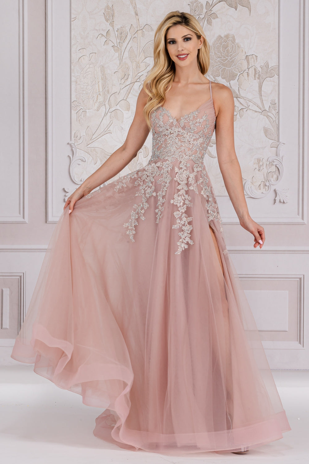 A-Line Special Occasion Soft Satin Gown w/ Floral Applique & Functional Lace Up Back ACTM1006-2