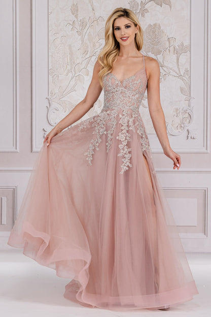 A-Line Special Occasion Soft Satin Gown w/ Floral Applique & Functional Lace Up Back ACTM1006-2