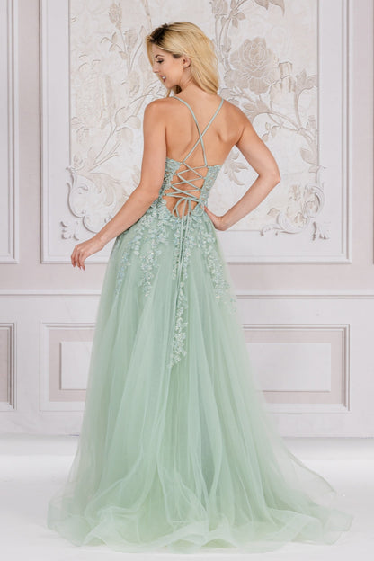 A-Line Special Occasion Soft Satin Gown w/ Floral Applique & Functional Lace Up Back ACTM1006-1