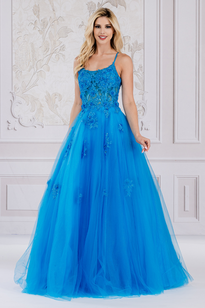 Charming Floral Lace Embellished Long A-line Prom Dress w/ Boat Neckline & Layered Skirt AC7035-2