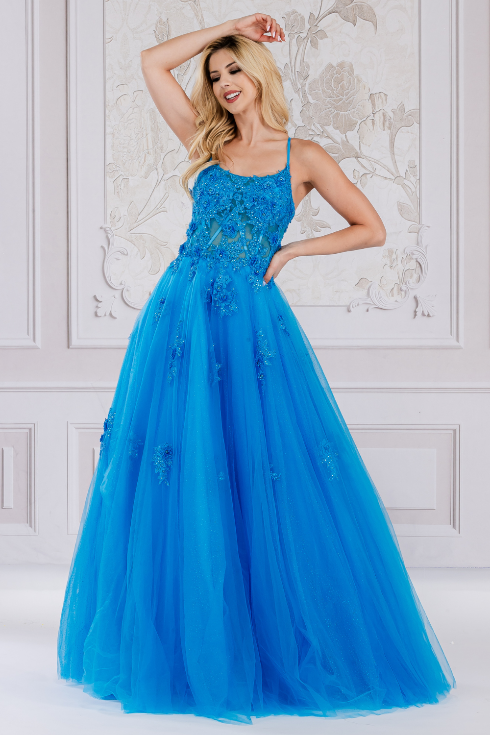 Charming Floral Lace Embellished Long A-line Prom Dress w/ Boat Neckline & Layered Skirt AC7035-4