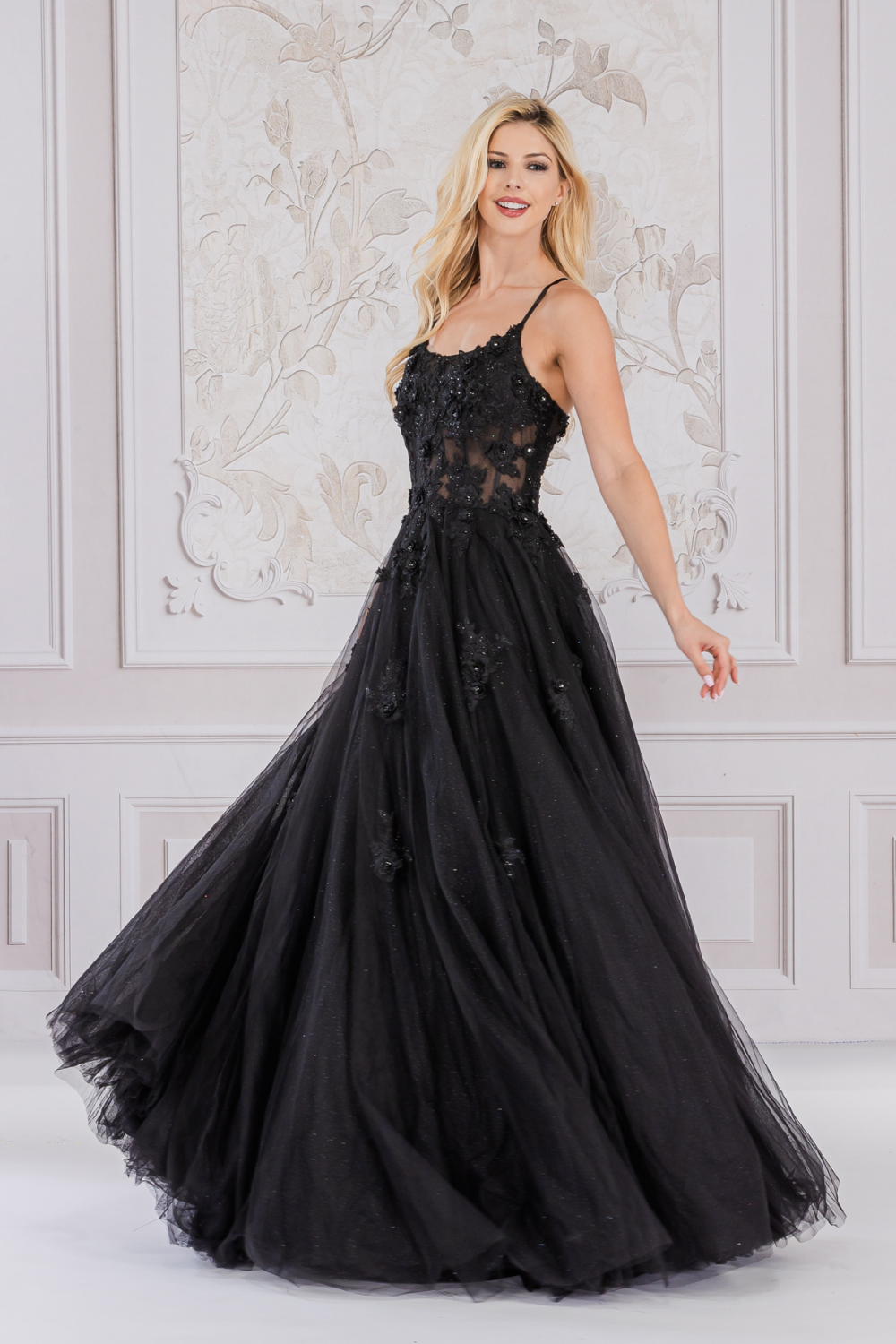 Charming Floral Lace Embellished Long A-line Prom Dress w/ Boat Neckline & Layered Skirt AC7035-1