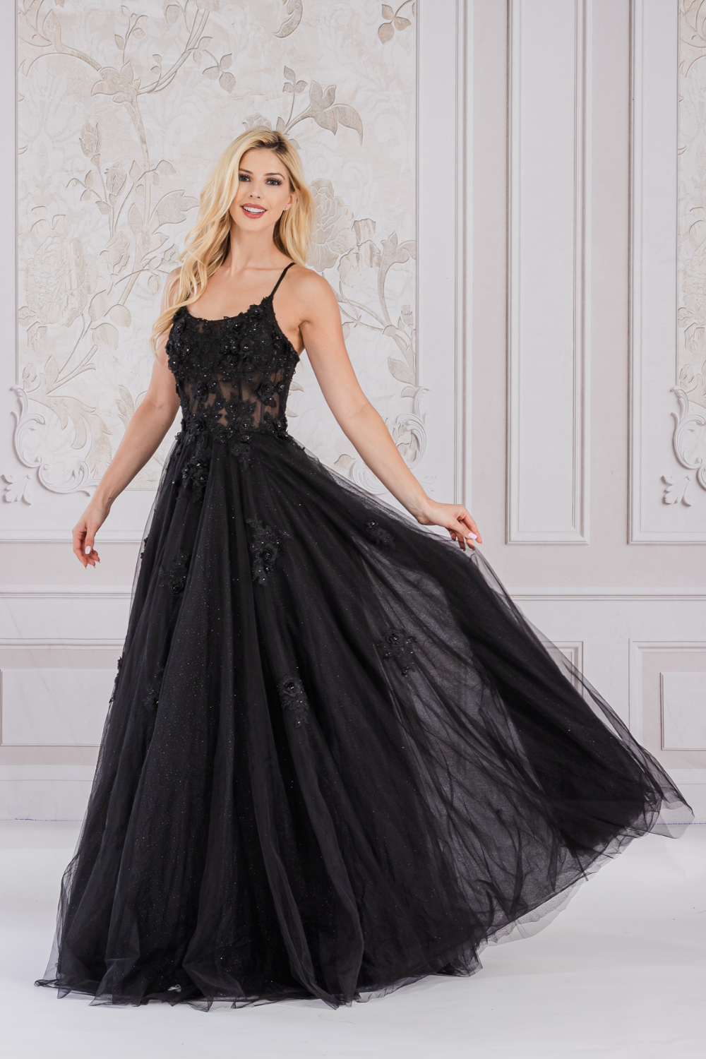 Charming Floral Lace Embellished Long A-line Prom Dress w/ Boat Neckline & Layered Skirt AC7035-0