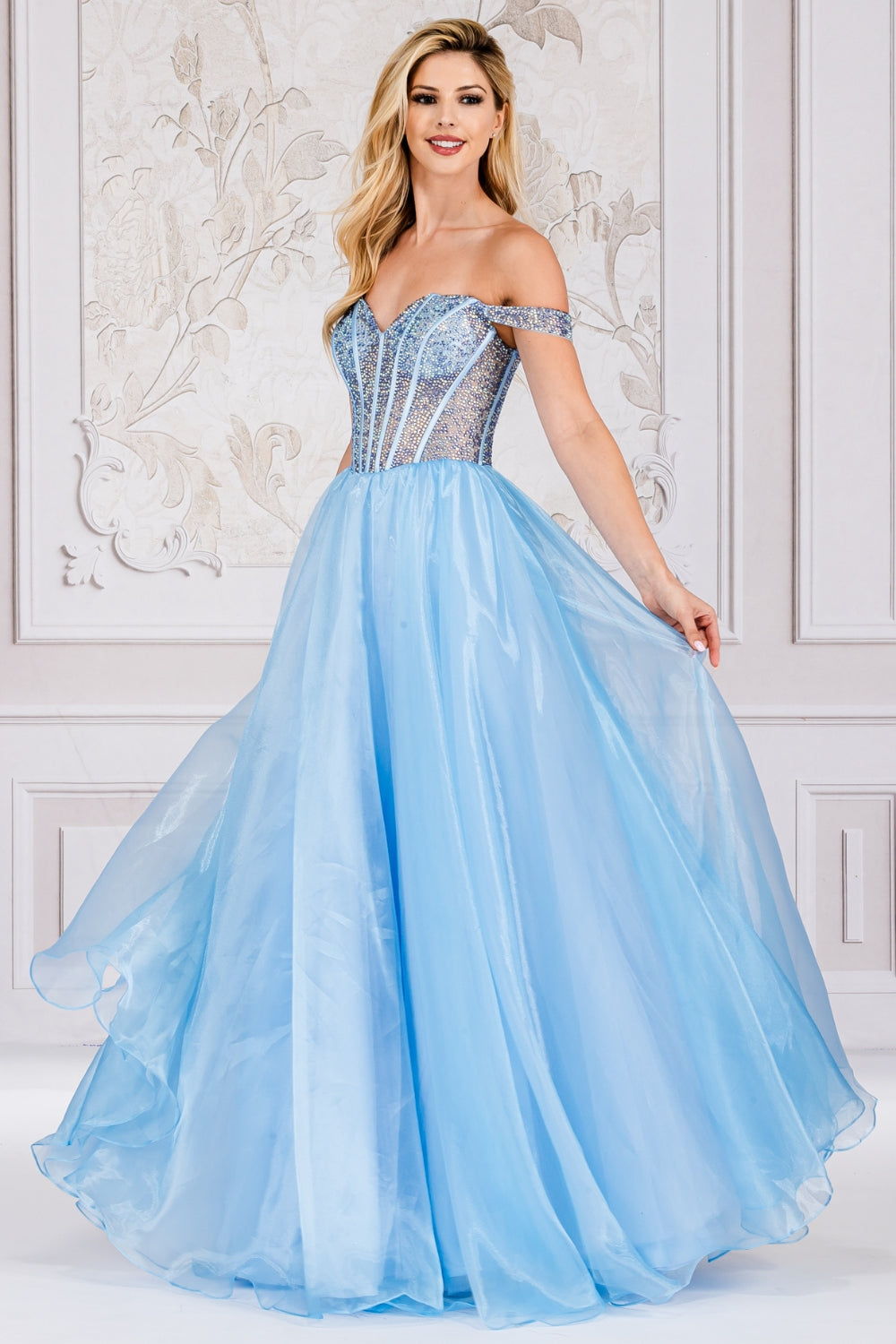Off The Shoulder A-Line Prom Dress w/ Soft Satin Lining & Crystal Embellished Corset Bodice AC7040-0