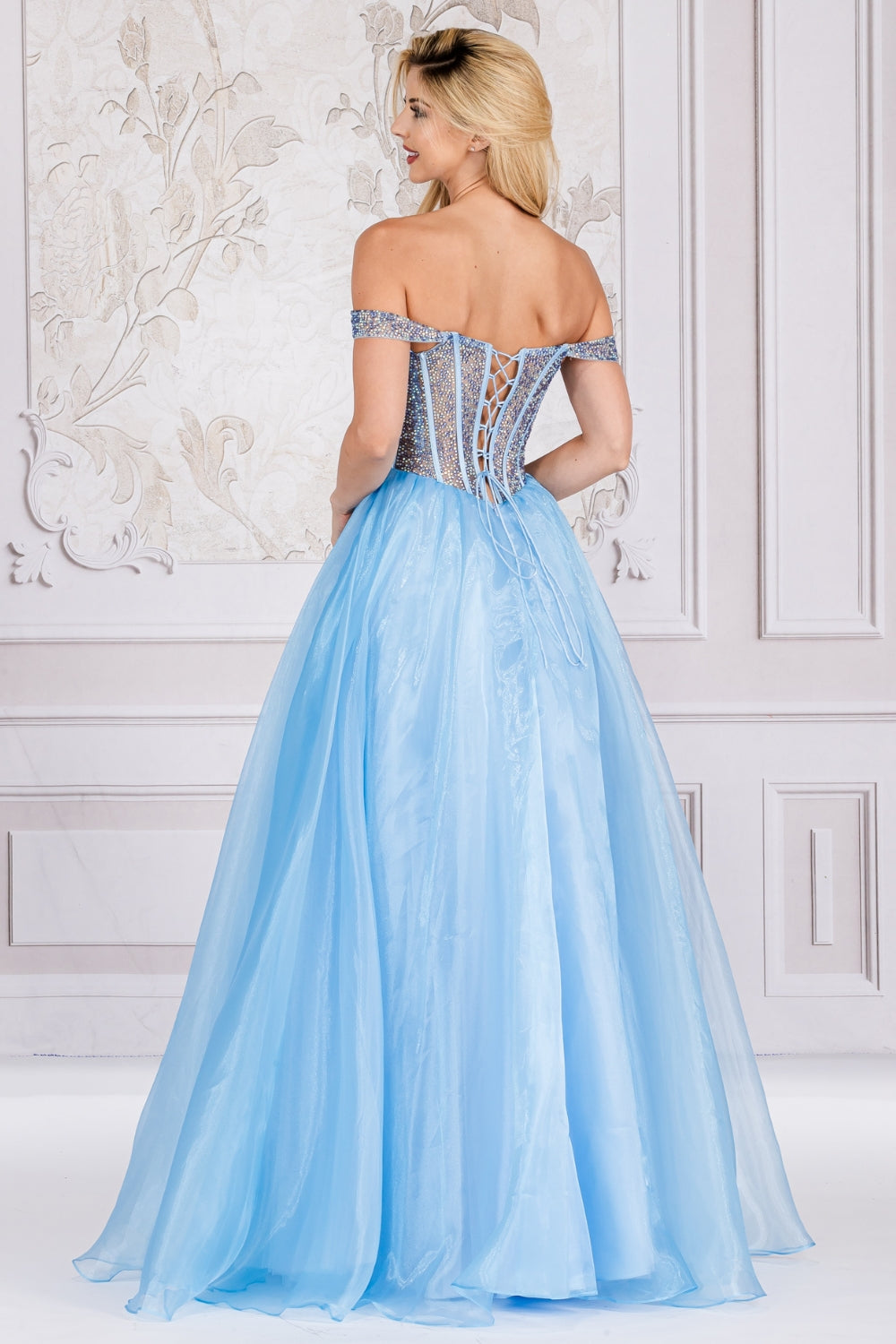 Off The Shoulder A-Line Prom Dress w/ Soft Satin Lining & Crystal Embellished Corset Bodice AC7040-1
