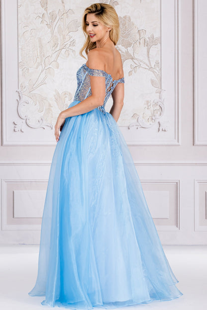 Off The Shoulder A-Line Prom Dress w/ Soft Satin Lining & Crystal Embellished Corset Bodice AC7040-2