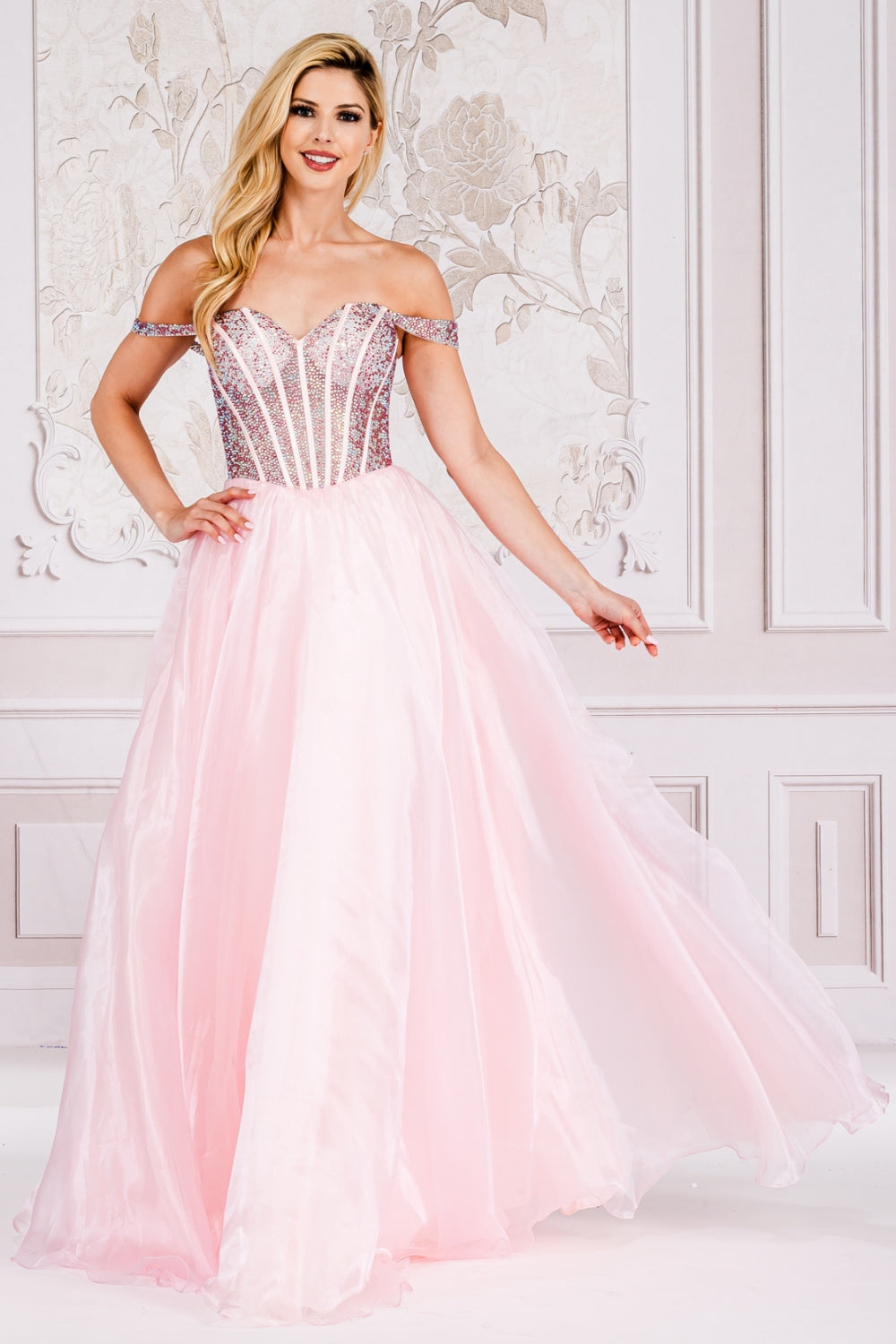 Off The Shoulder A-Line Prom Dress w/ Soft Satin Lining & Crystal Embellished Corset Bodice AC7040-3
