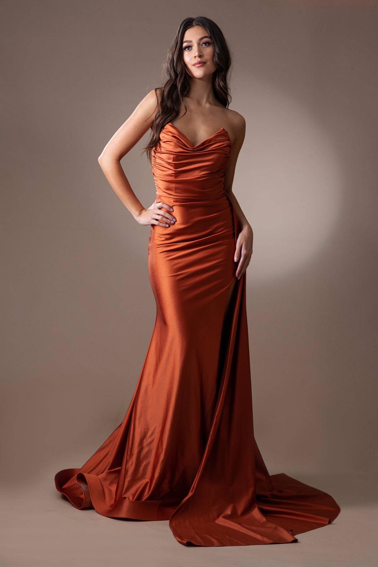 Sleeveless Festive Floor Length Gown w/ V-Neckline & Elegant Hip Cape AC3013-8
