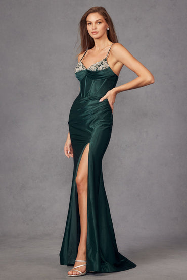 Fitted Silky Stretch Satin Rhinestone Embellished Neckline Slit Prom Dress JTJT2434A
