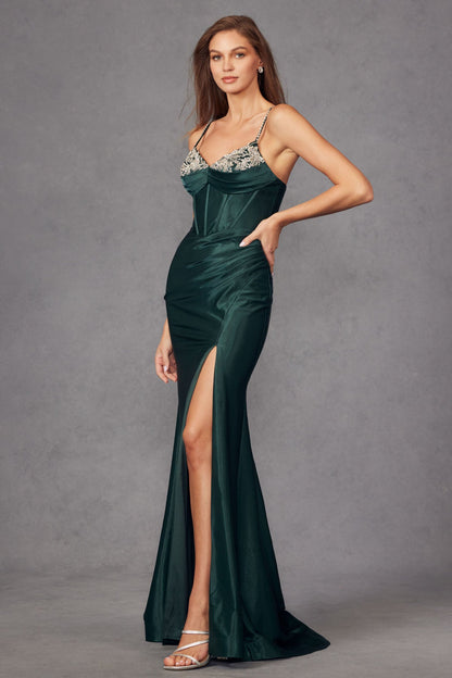Fitted Silky Stretch Satin Rhinestone Embellished Neckline Slit Prom Dress JTJT2434A