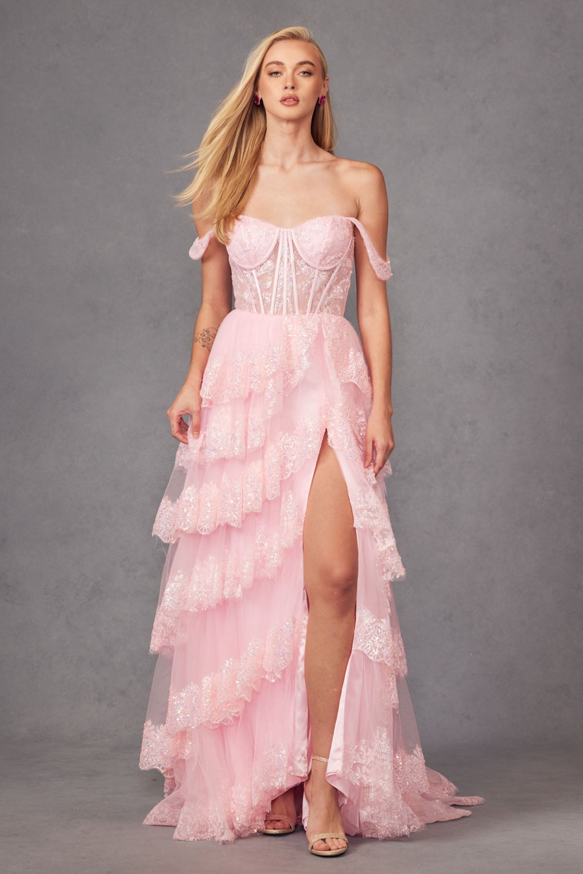 Ruffle Tulle Lace Sequin Off Shoulder Sheer Corset Bodice Long Prom Dress JTJT2467K