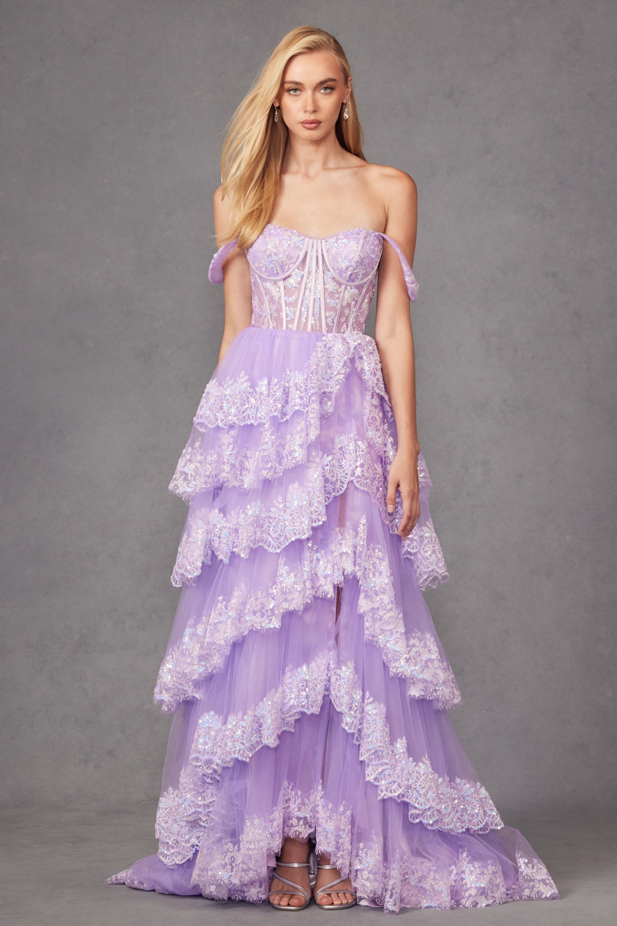 Ruffle Tulle Lace Sequin Off Shoulder Sheer Corset Bodice Long Prom Dress JTJT2467K
