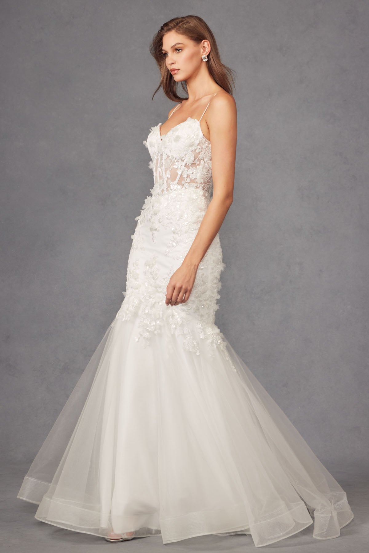 Fitted Lace Mermaid Corset V-Neck Long Wedding Dress JTJT2469KW