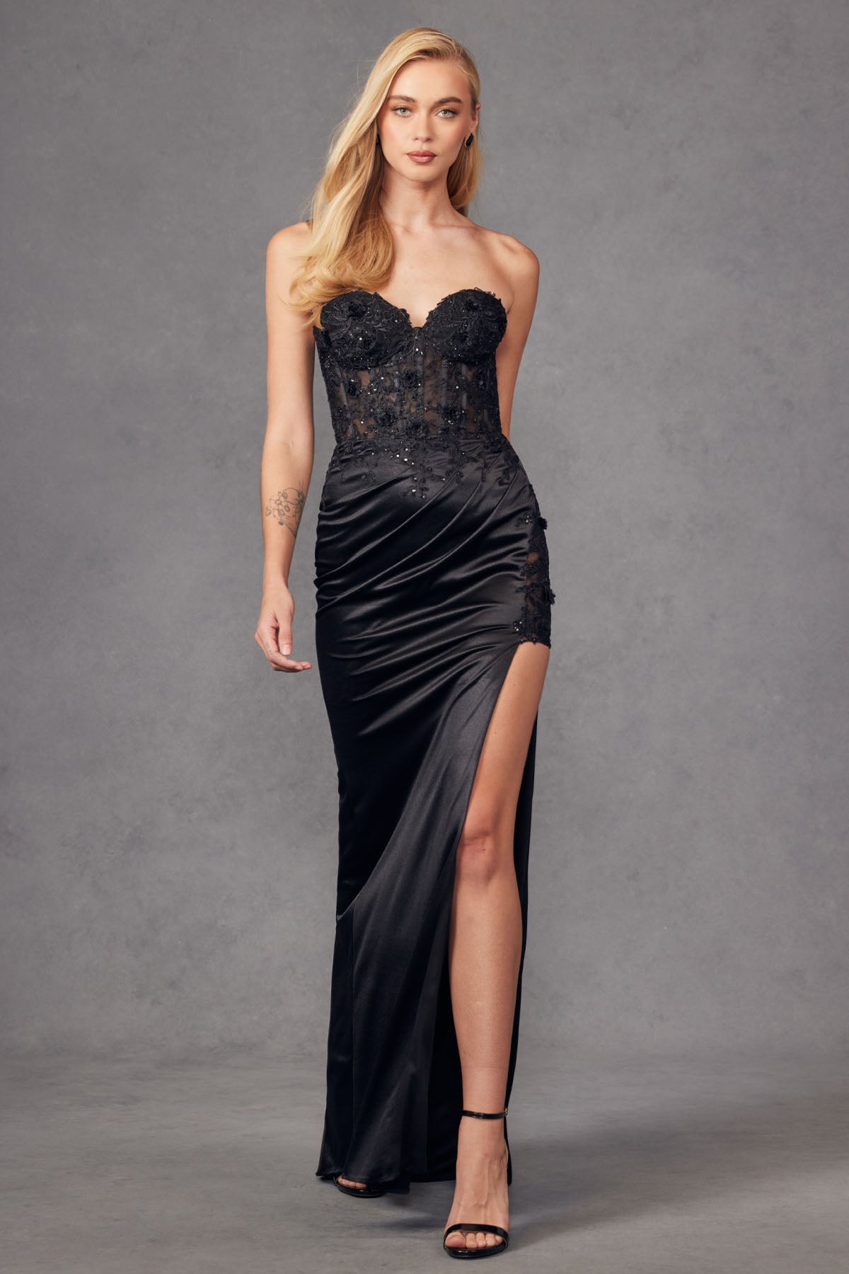Fitted 3D Floral Illusion Sweethart Corset Slit Long Prom Dress JTJT2476U