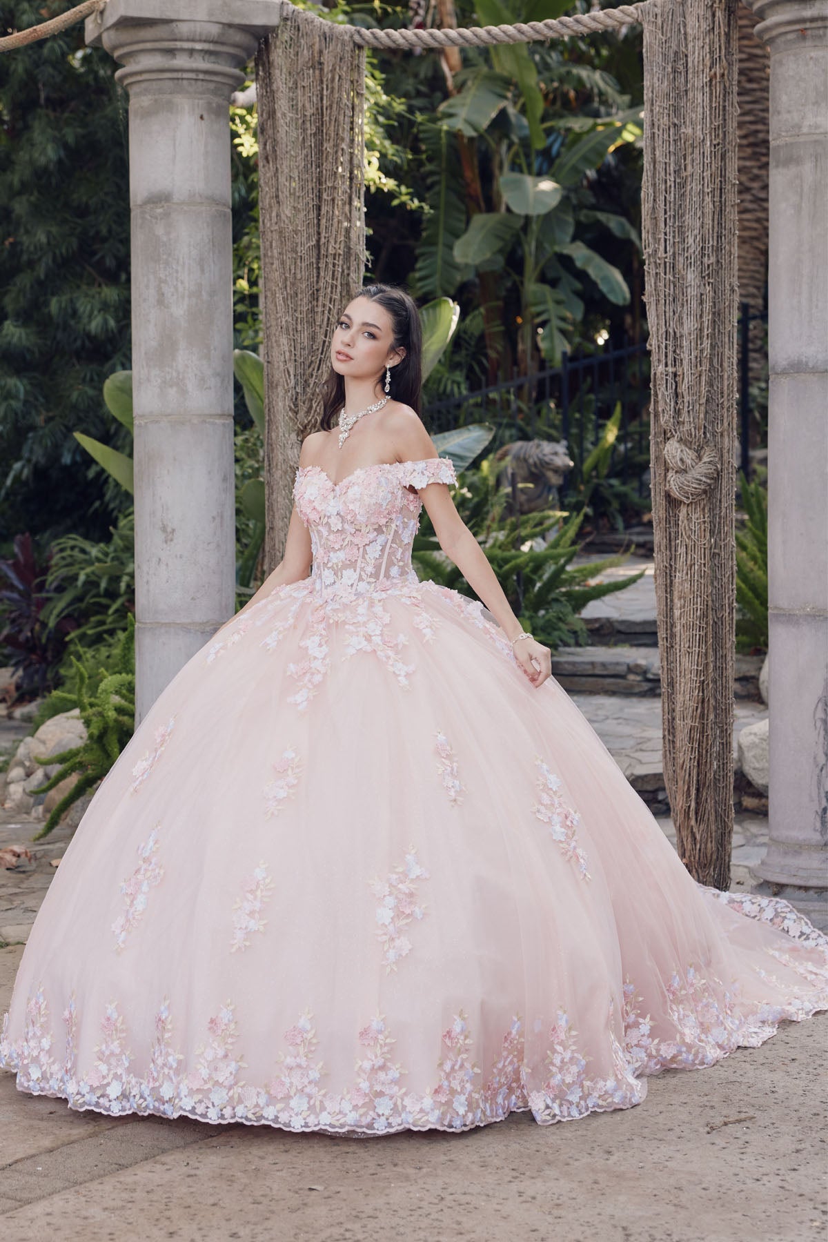 Off Shoulder Embroidered Lace Open Corset Back Long Quinceanera Dress JTJT1460J