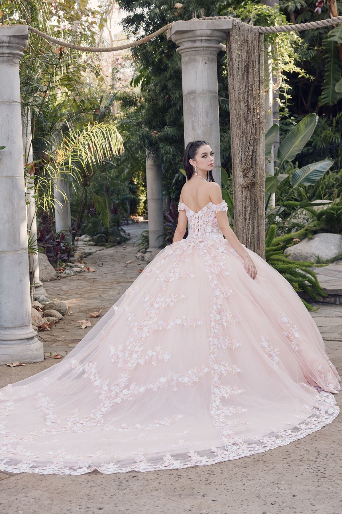 Off Shoulder Embroidered Lace Open Corset Back Long Quinceanera Dress JTJT1460J