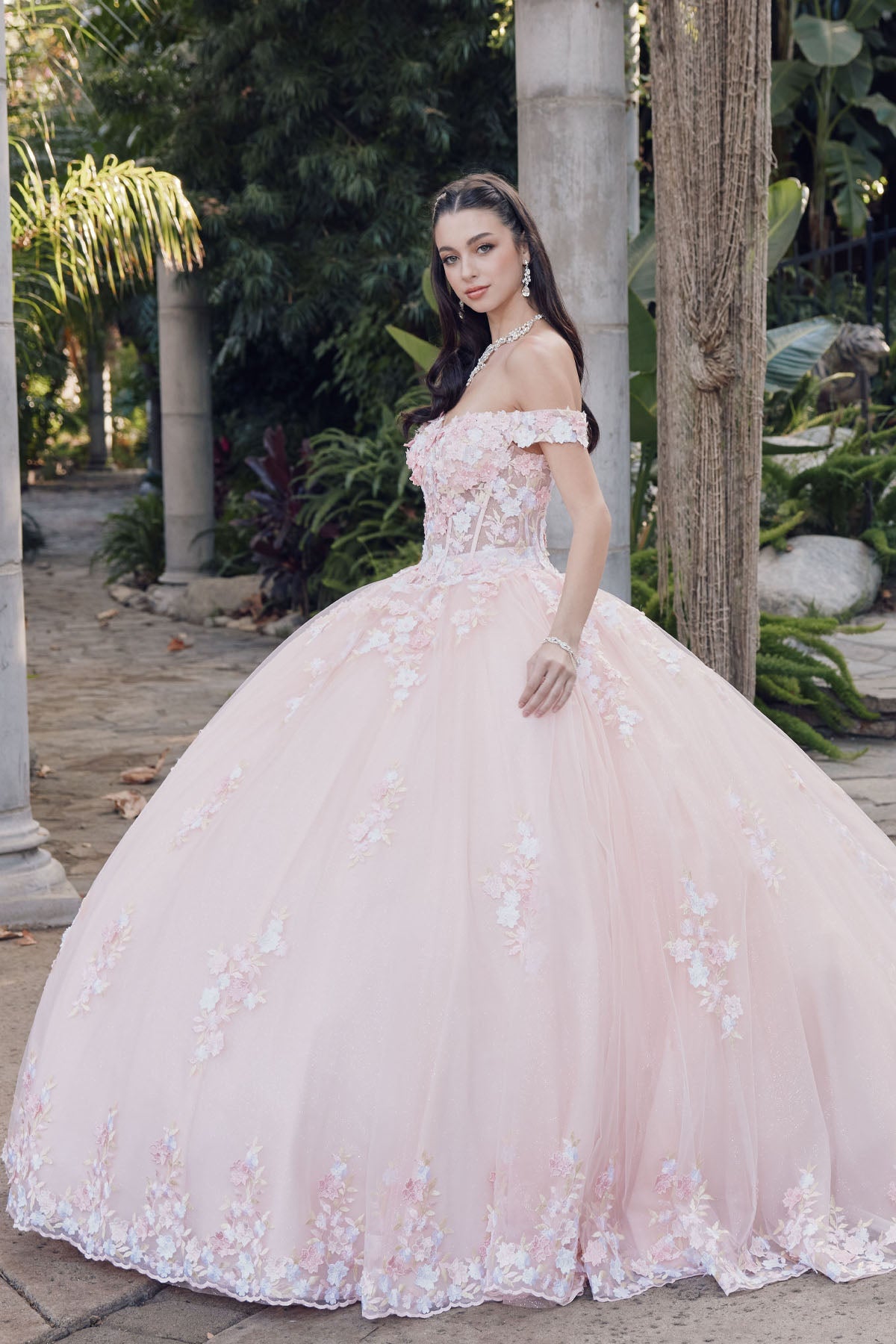 Off Shoulder Embroidered Lace Open Corset Back Long Quinceanera Dress JTJT1460J