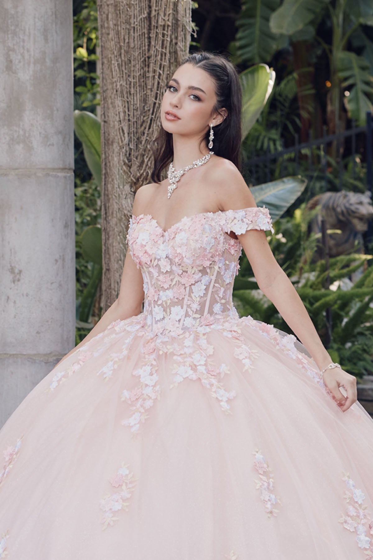 Off Shoulder Embroidered Lace Open Corset Back Long Quinceanera Dress JTJT1460J