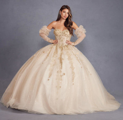 3D Floral Applique Puff Sleeves Long Quinceanera Dress JTJT1465H