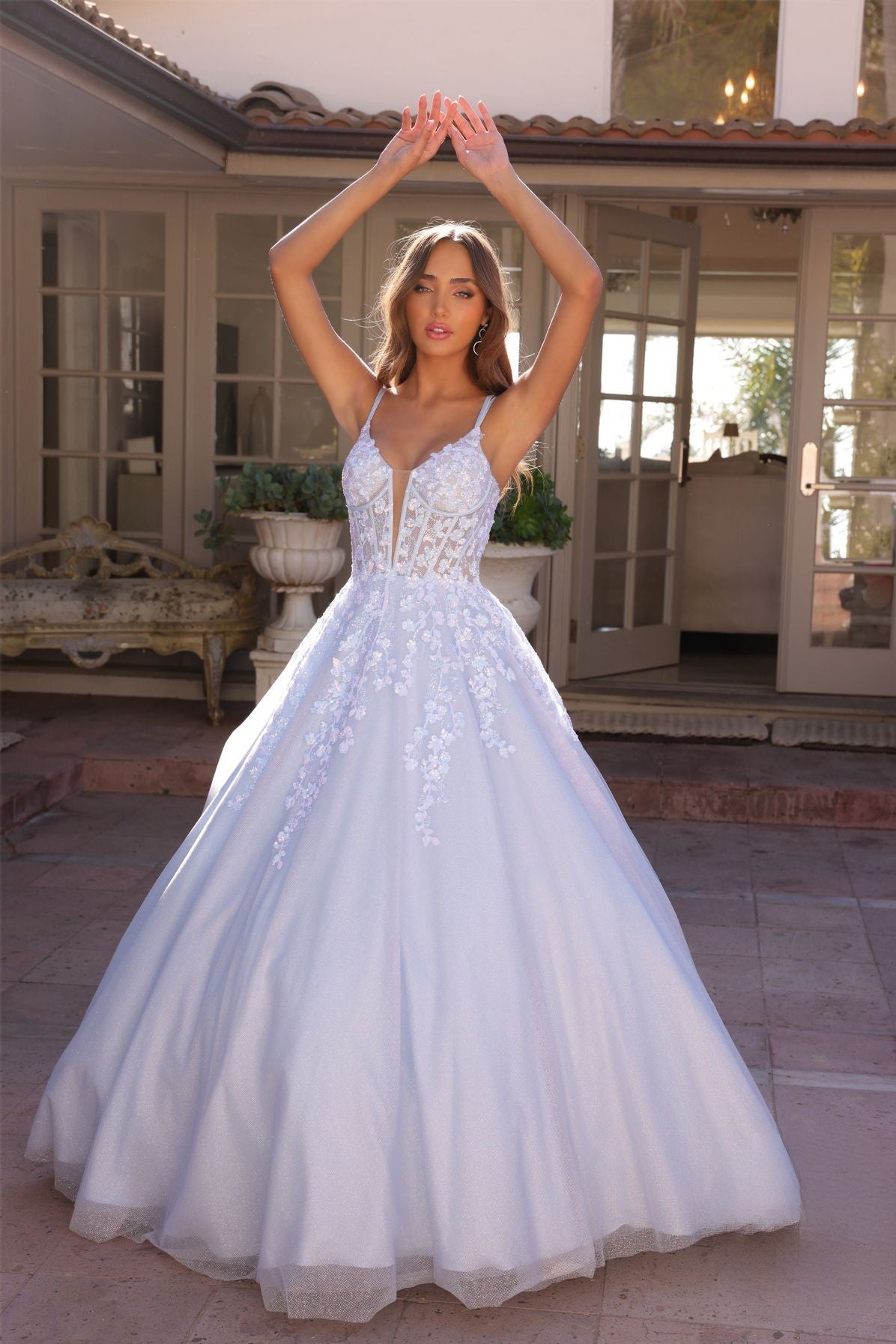 Sparkling Sequins Embellished Ceremonial Ball Gown w/Floral Motif & Lace Up Back NXH1357-0
