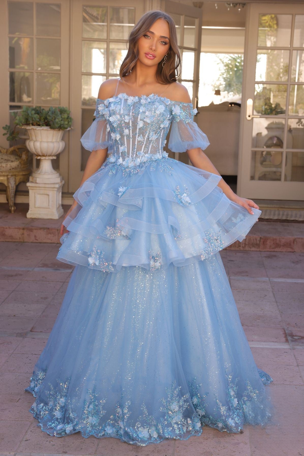 Floral Lace Embellished Long Graduation Gown w/ Detachable Skirt NXH1360-0