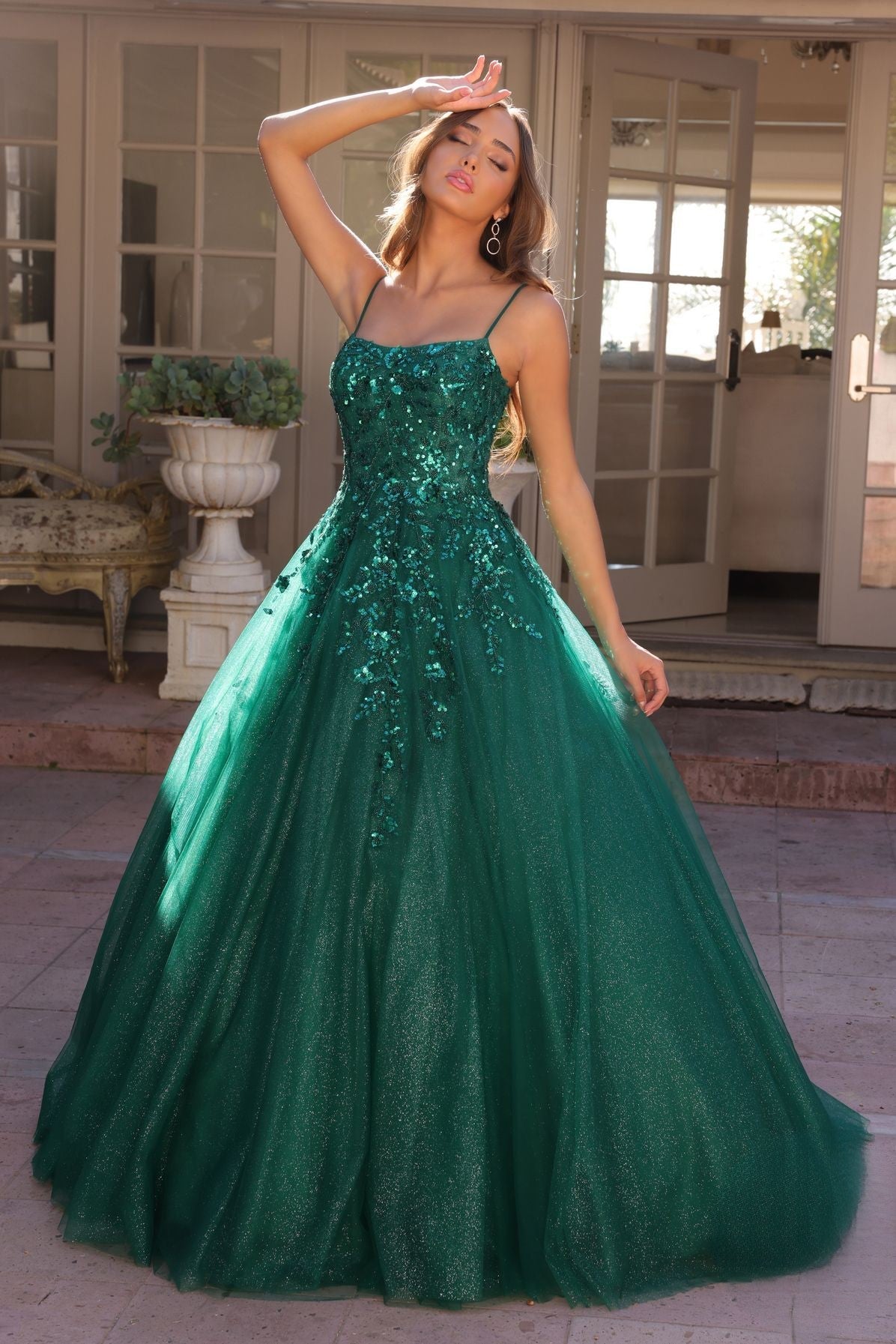 Dazzling Sequins Embellished Long Prom Dress w/ Voluminous Skirt & Spaghetti Straps NXH1464-4