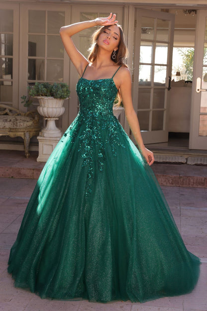 Dazzling Sequins Embellished Long Prom Dress w/ Voluminous Skirt & Spaghetti Straps NXH1464-4