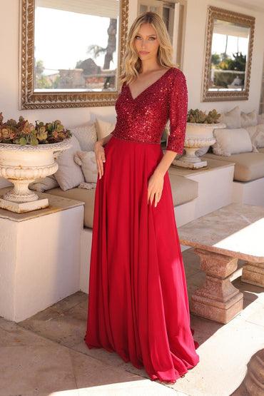 Sequins Embellihsed Long Mother Of Bride Gown w/ 3/4 Sleevess & V-Neckline NXMF103-1