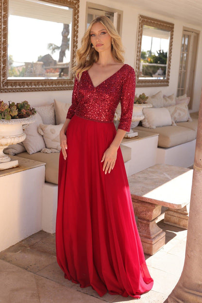 Sequins Embellihsed Long Mother Of Bride Gown w/ 3/4 Sleevess & V-Neckline NXMF103-2