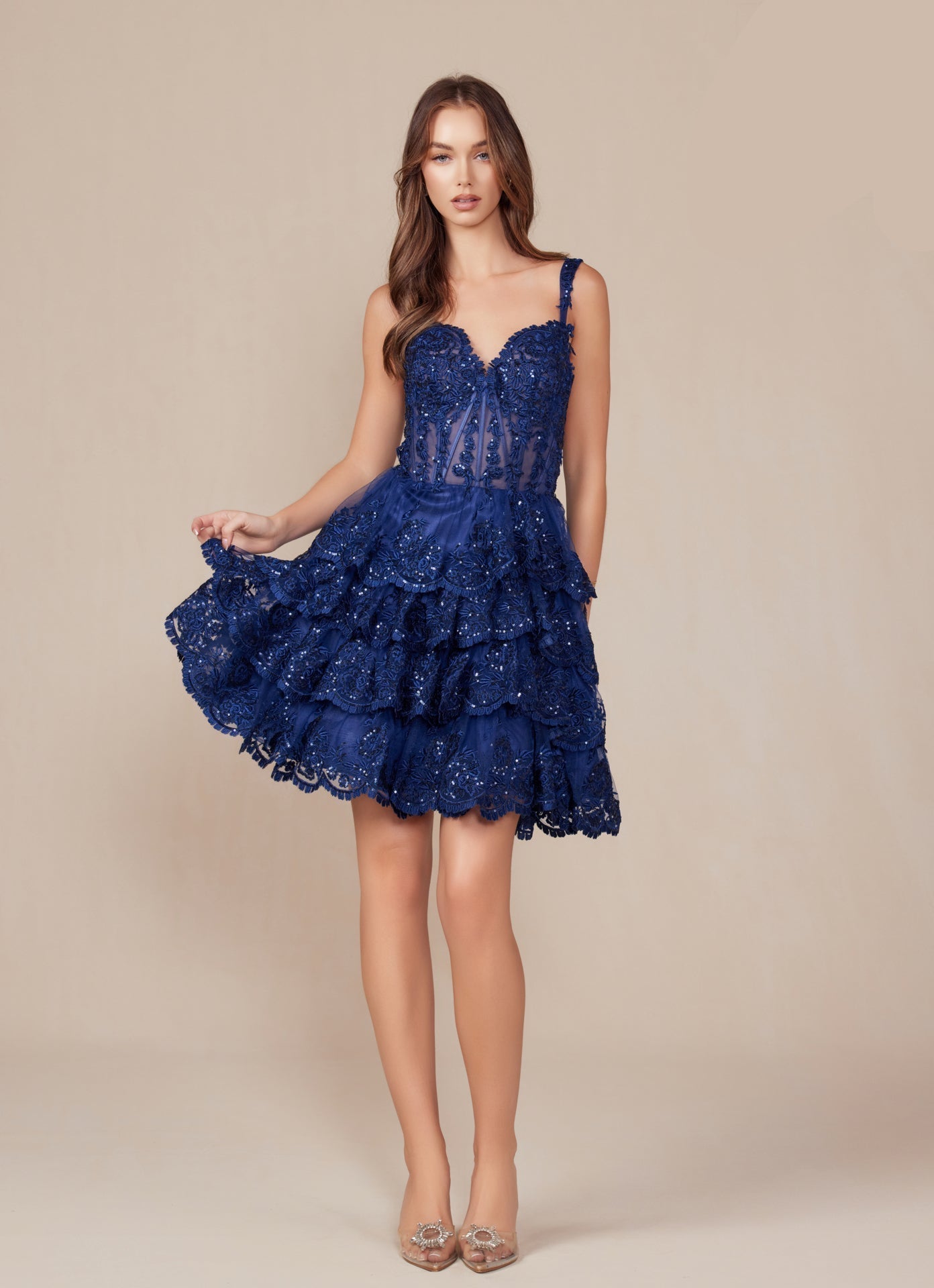 Mini Delicate Lace Embellished Homecoming Dress w/ Corset Bodice & Layered Skirt NXR880-4
