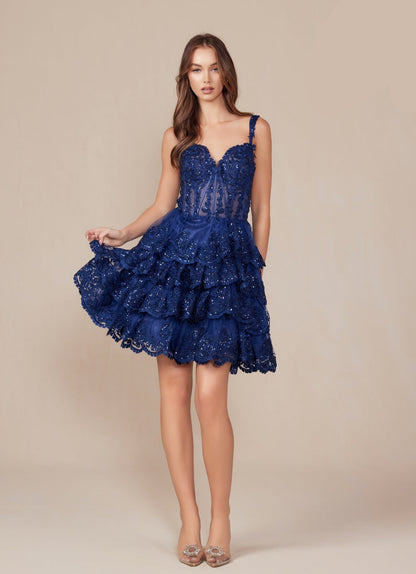 Mini Delicate Lace Embellished Homecoming Dress w/ Corset Bodice & Layered Skirt NXR880-4