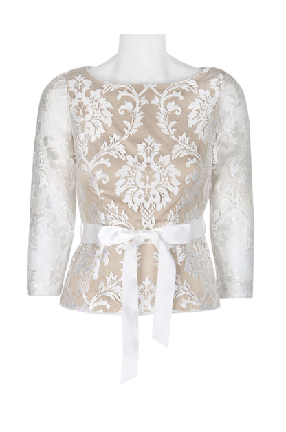 Adrianna Papell Boat Neck 3/4 Sleeve Tie Waist Floral Embroidered Mesh Blouse-0
