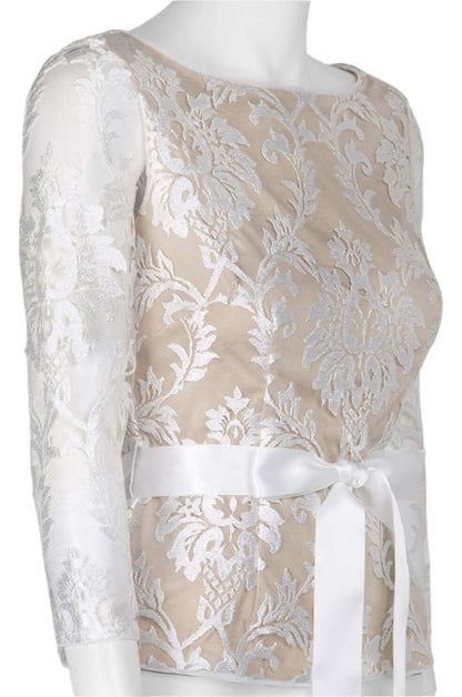 Adrianna Papell Boat Neck 3/4 Sleeve Tie Waist Floral Embroidered Mesh Blouse-1