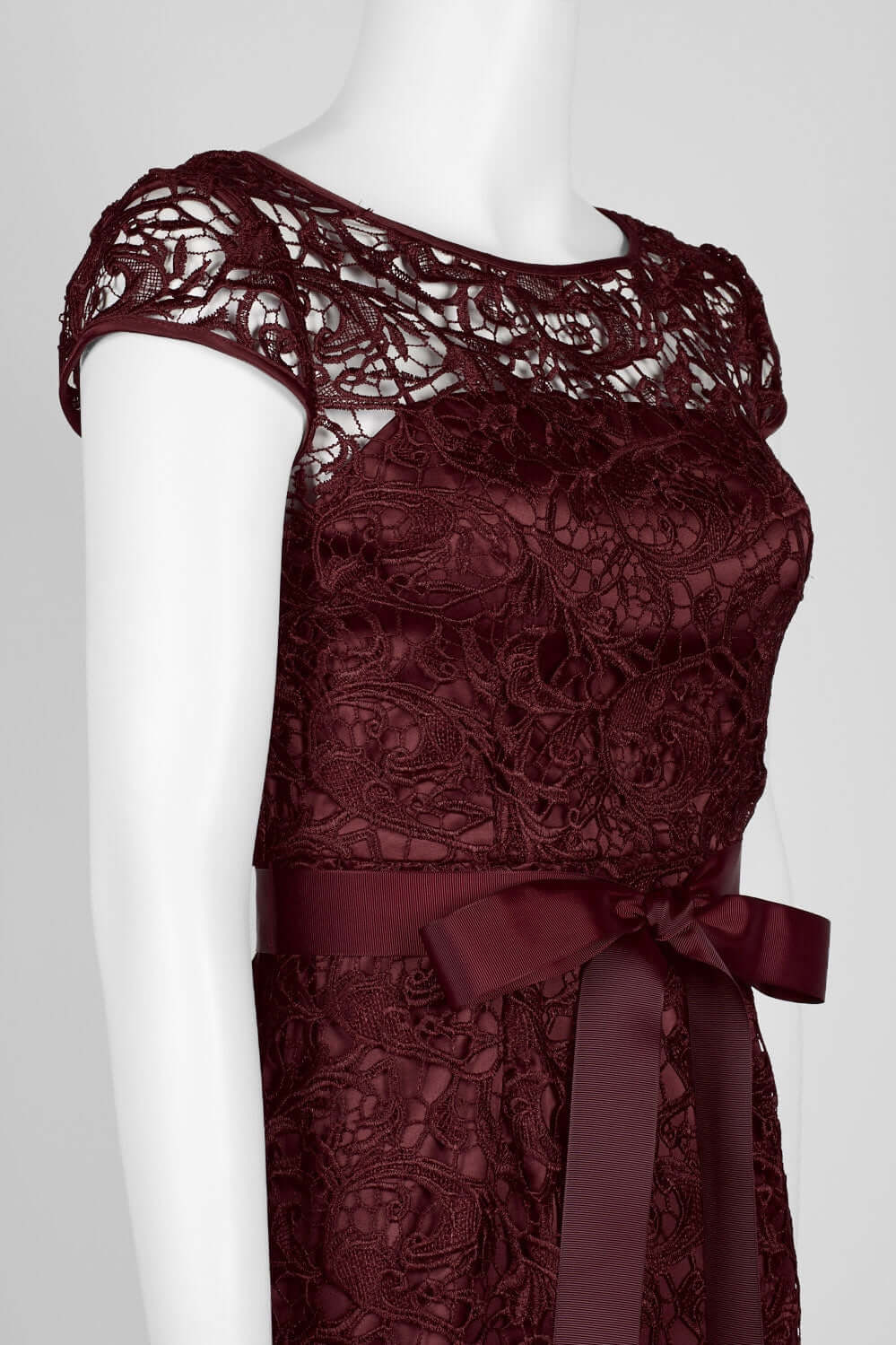 Adrianna Papell Boat Neck Cap Sleeve Tie Front Zipper Back Lace Gown
