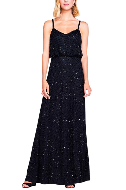 Adrianna Papell Spaghetti Strap V-Neck Blouson Zipper Back Embellished Mesh Dress-0