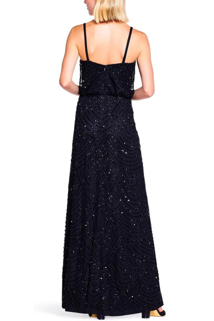 Adrianna Papell Spaghetti Strap V-Neck Blouson Zipper Back Embellished Mesh Dress-1