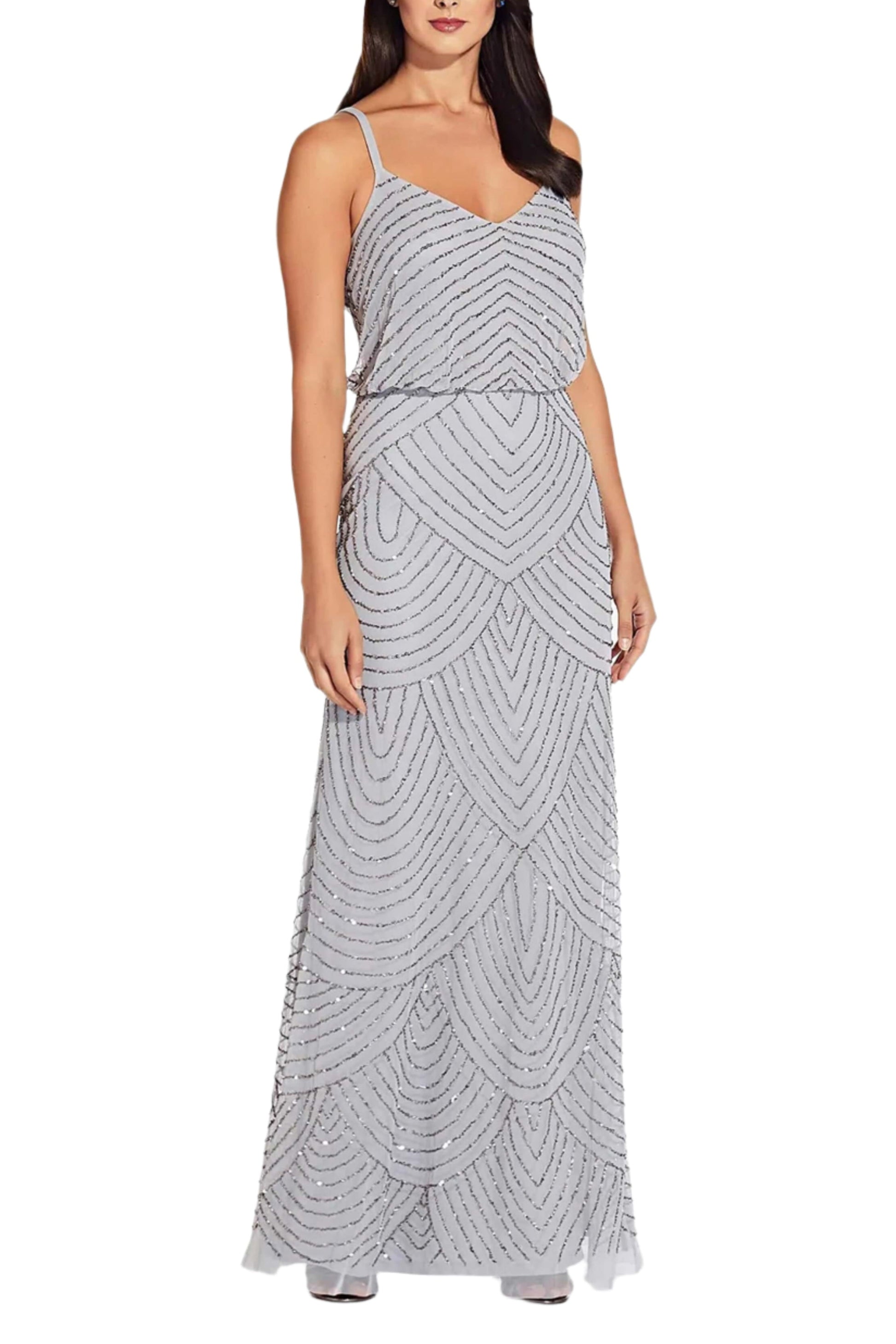 Adrianna Papell Spaghetti Strap V-Neck Blouson Zipper Back Embellished Mesh Dress-2