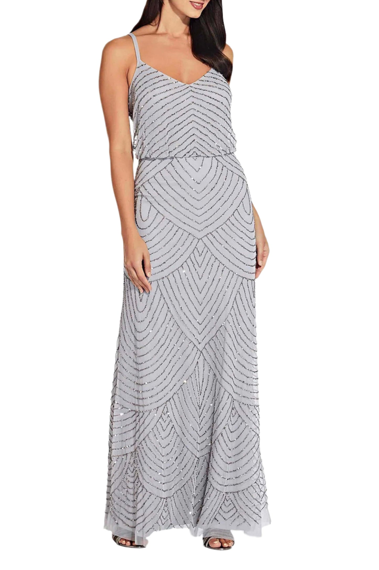 Adrianna Papell Spaghetti Strap V-Neck Blouson Zipper Back Embellished Mesh Dress-3