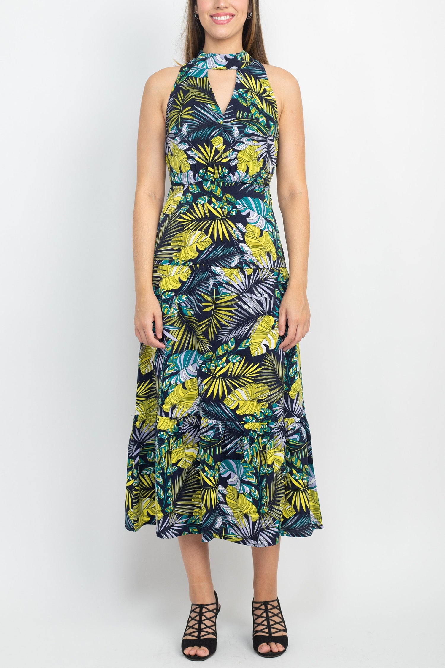 Sam Edelman Halter Tie Neck Keyhole Front Sleeveless Elastic Waist Multi Print Satin Dress-0