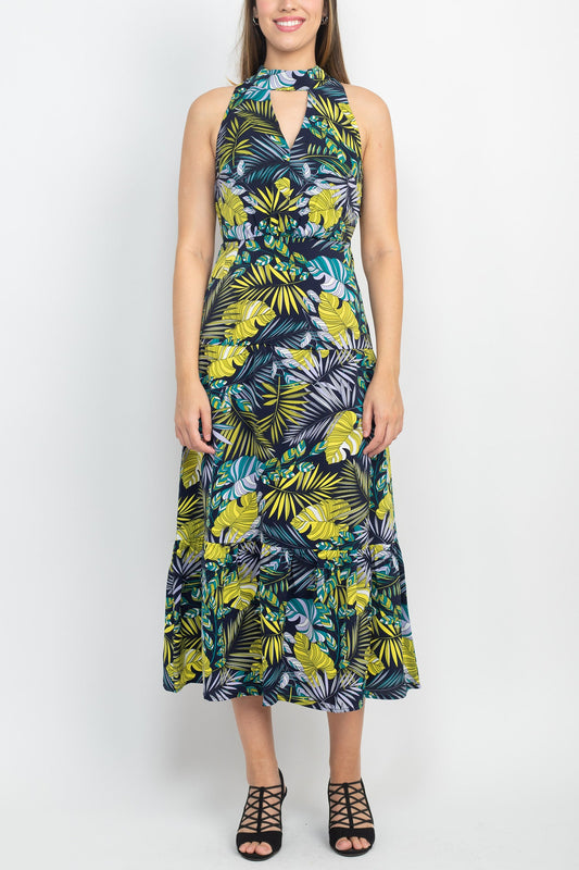 Sam Edelman Halter Tie Neck Keyhole Front Sleeveless Elastic Waist Multi Print Satin Dress-0