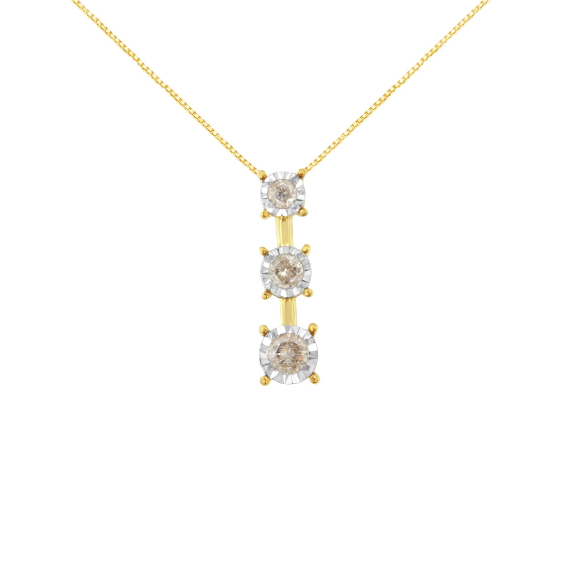 10K Yellow Gold 1/4 cttw Miracle-Set Brilliant Round Cut Diamond Graduating 3 Stone Drop 18" Pendant Necklace (J-K Color, I1-I2 Clarity)-0