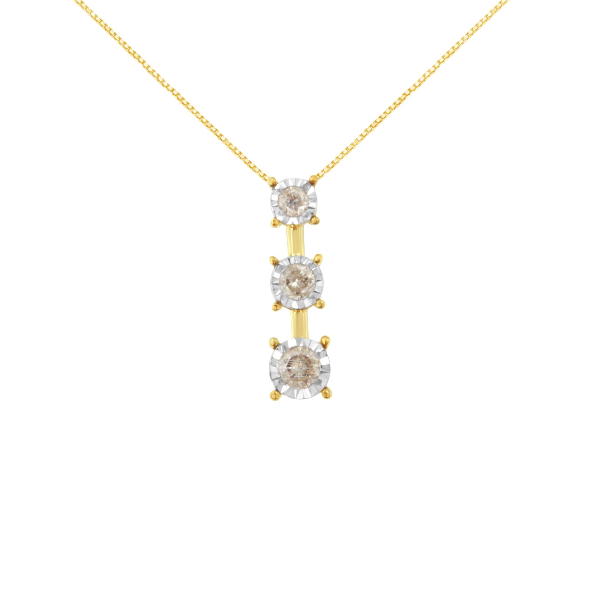 10K Yellow Gold 1/4 cttw Miracle-Set Brilliant Round Cut Diamond Graduating 3 Stone Drop 18" Pendant Necklace (J-K Color, I1-I2 Clarity)-0