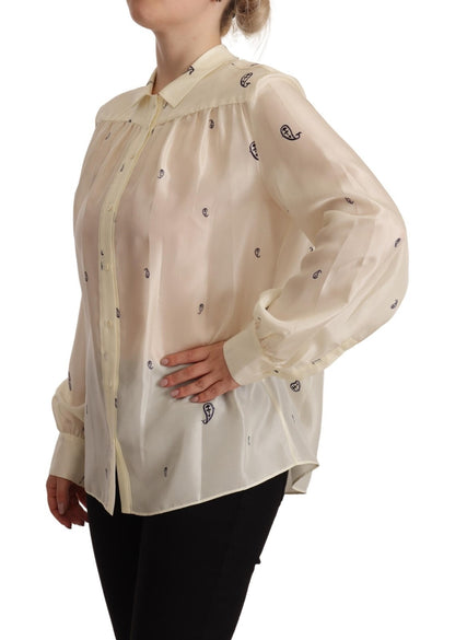 Aspesi Off White 100% Silk Long Sleeves Collared Top Blouse