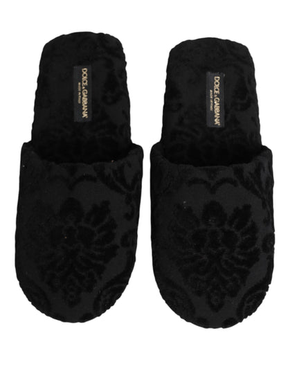 Dolce & Gabbana Black Logo Embroidered Slippers Flats Shoes