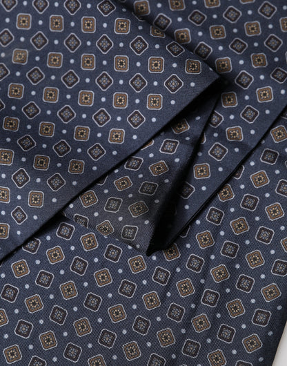 Dolce & Gabbana Navy Silk Geometric Fringe Foulard 137cm x 18cm Scarf