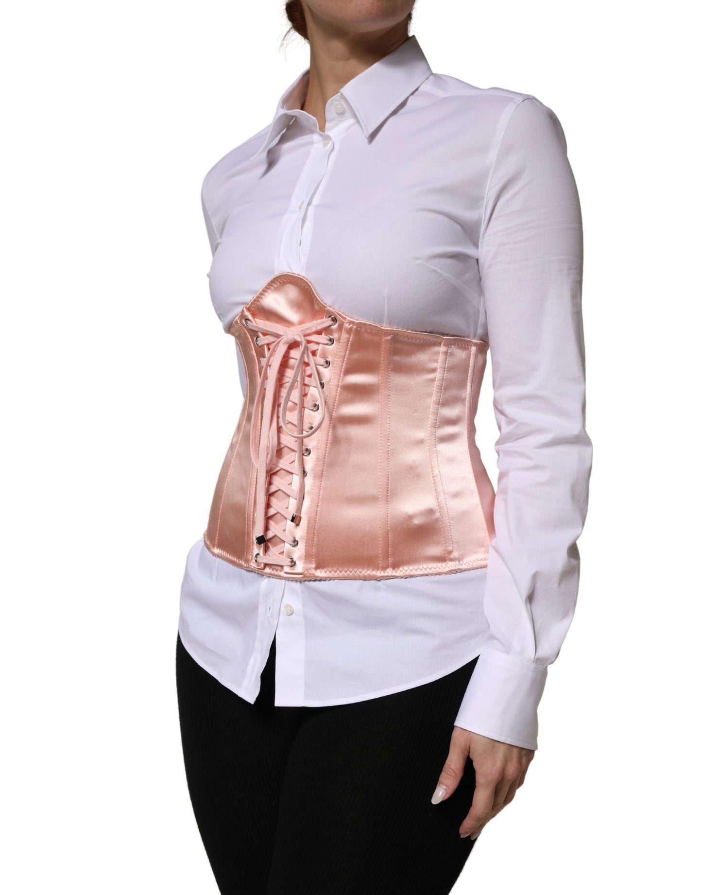 Dolce & Gabbana Pale Pink Silk LaceUp Waist Cincher Corse Top