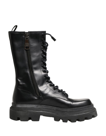 Dolce & Gabbana Black Leather Trek Sole Combat Boots Shoes