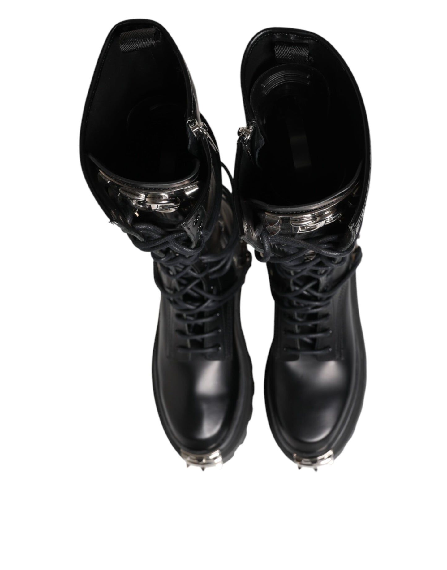 Dolce & Gabbana Black Leather Knee High Combat Boots Shoes