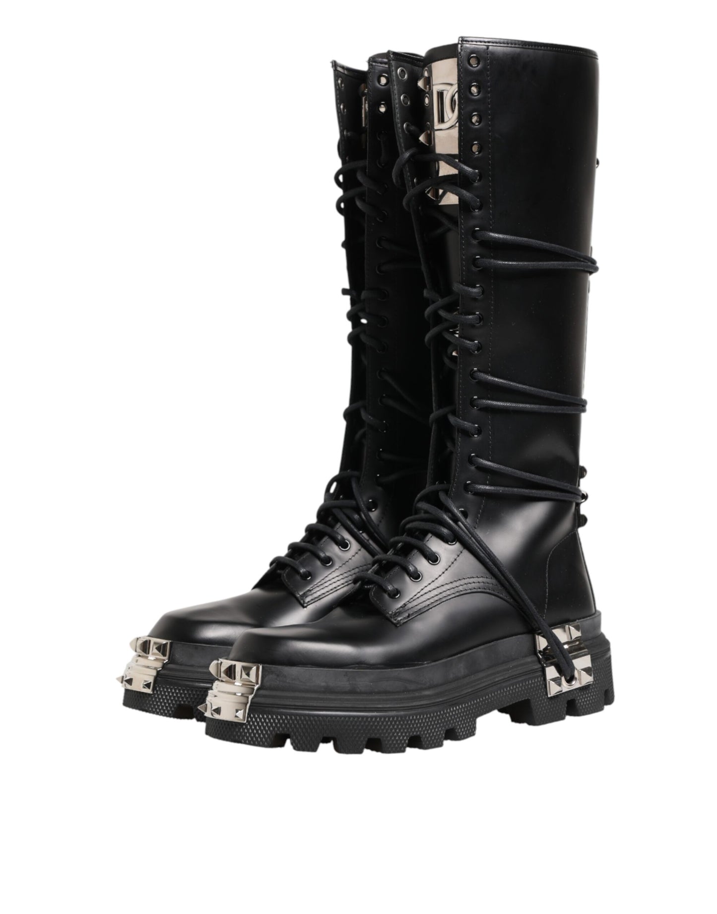Dolce & Gabbana Black Leather Knee High Combat Boots Shoes