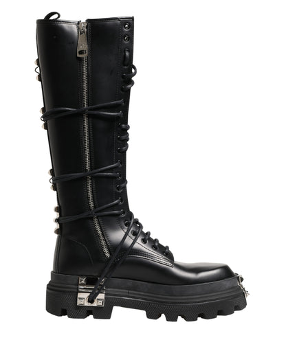 Dolce & Gabbana Black Leather Knee High Combat Boots Shoes